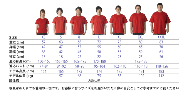 Tシャツのサイズガイド(モデル着用)